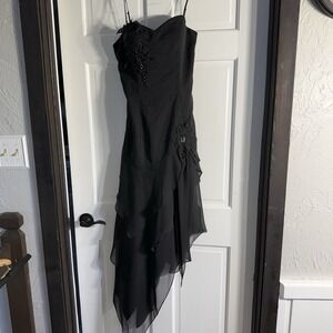 Black Cocktail Dress Small Tiered Asymmetrical Dark Fairy Fitted Bodice Beaded